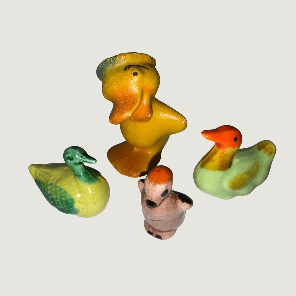 Vintage Ceramic Duck Figurine Set Yellow Hat Duck & Mini Mallards 4pc Collection